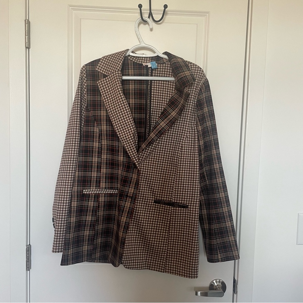 GB mixed  plaid and checkered slim fit brown black  blazer